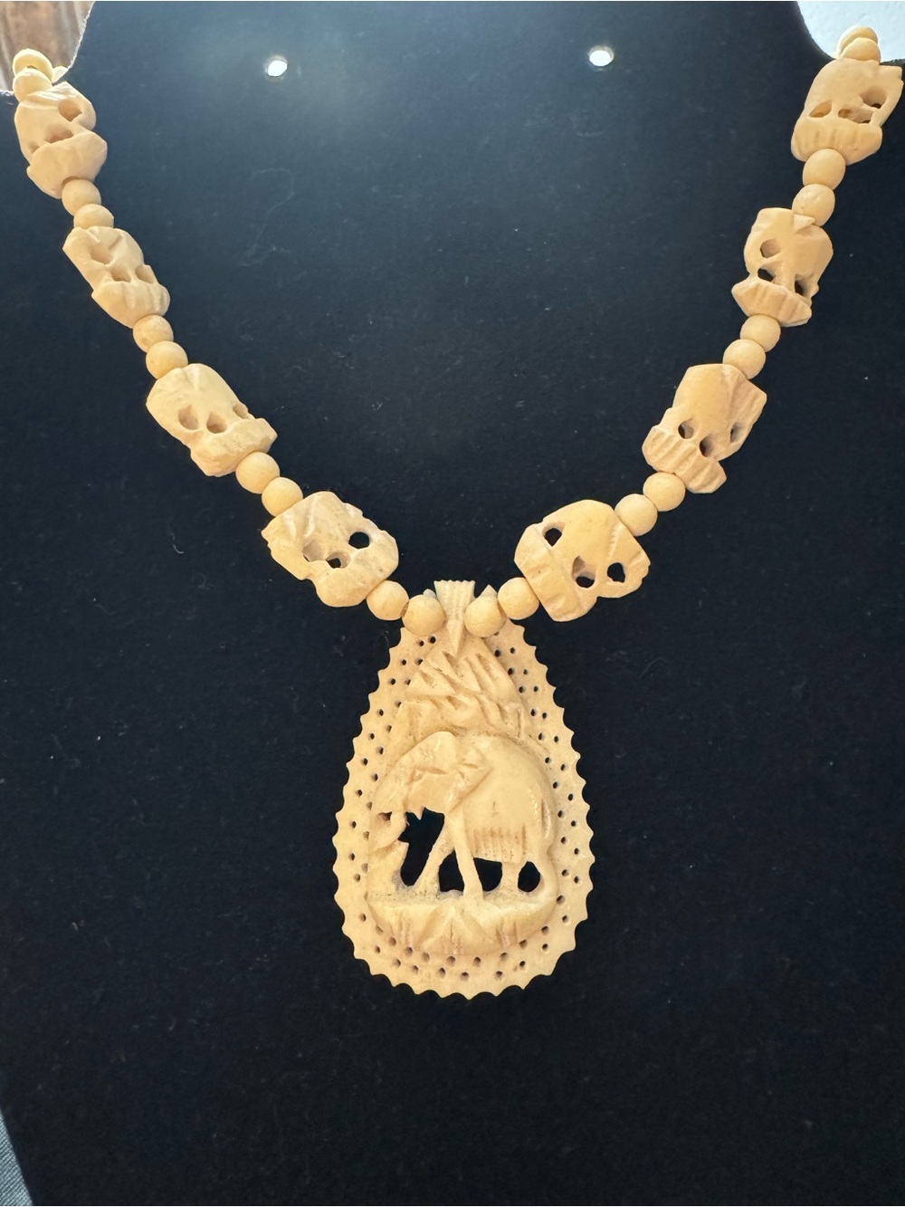 Vintage Carved Elephant Necklace - Boho Statement Pendant - 21”